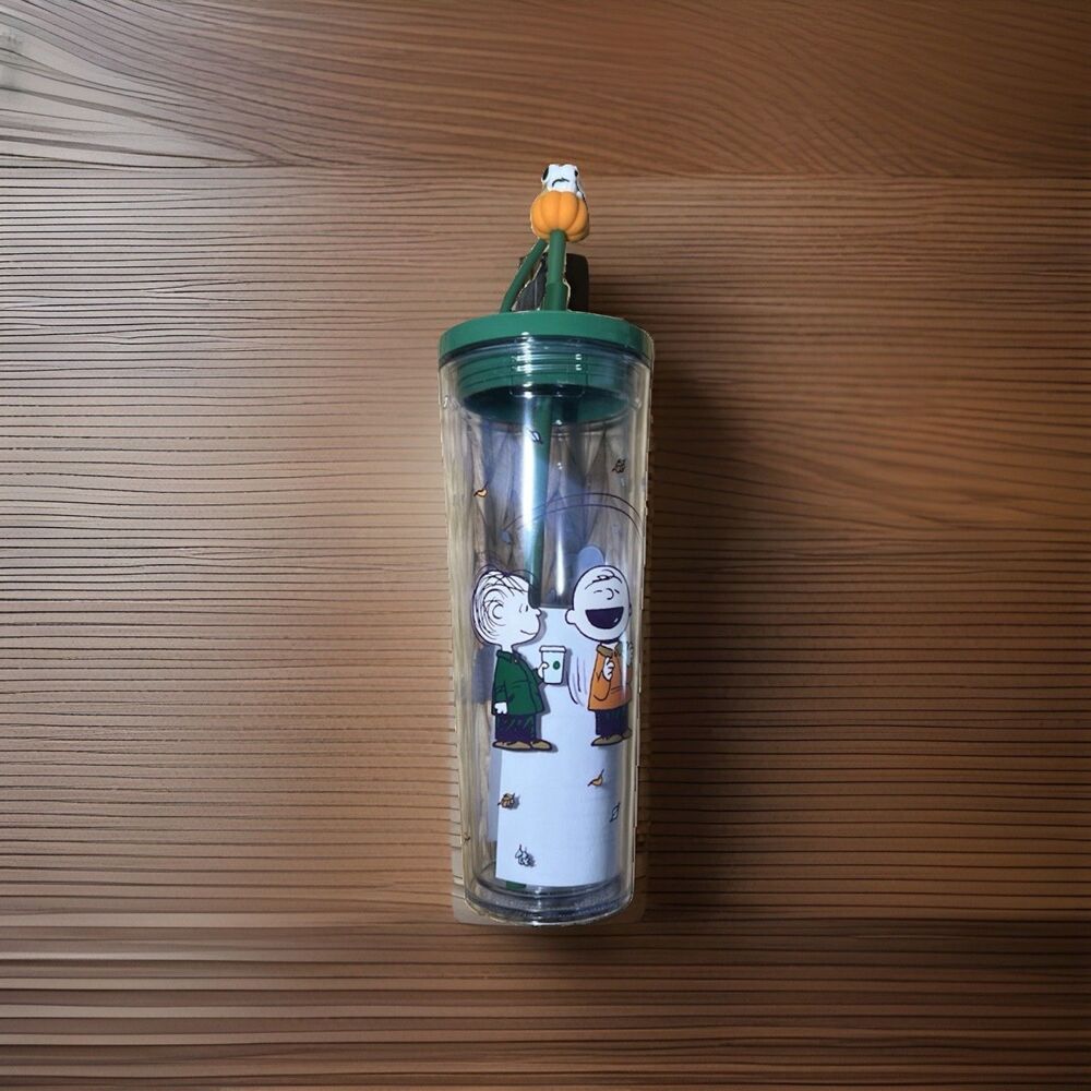Starbucks Peanuts Snoopy Clear Tumbler Cup Green Lid & Straw Pumpkin Topper